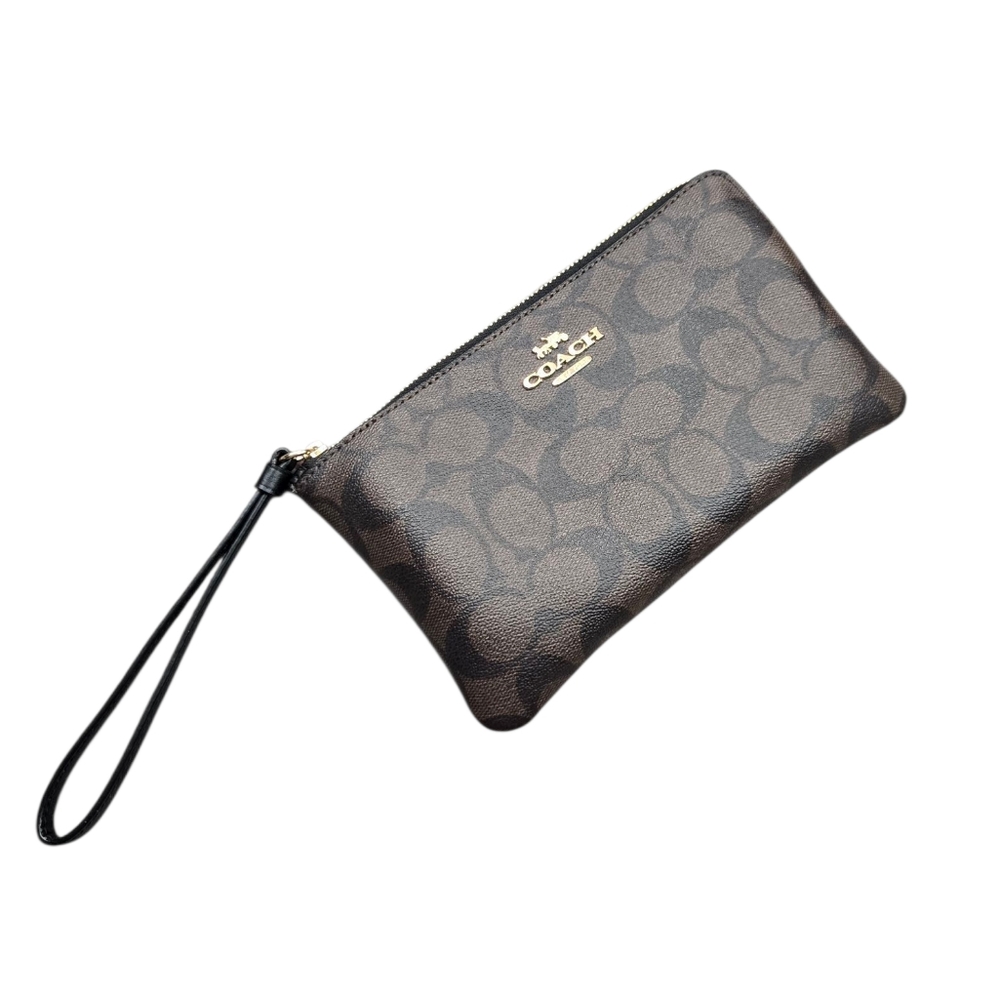 Coach Signature Wristlet Mini Bag Zip Top Brown Logo Pouch Clutch